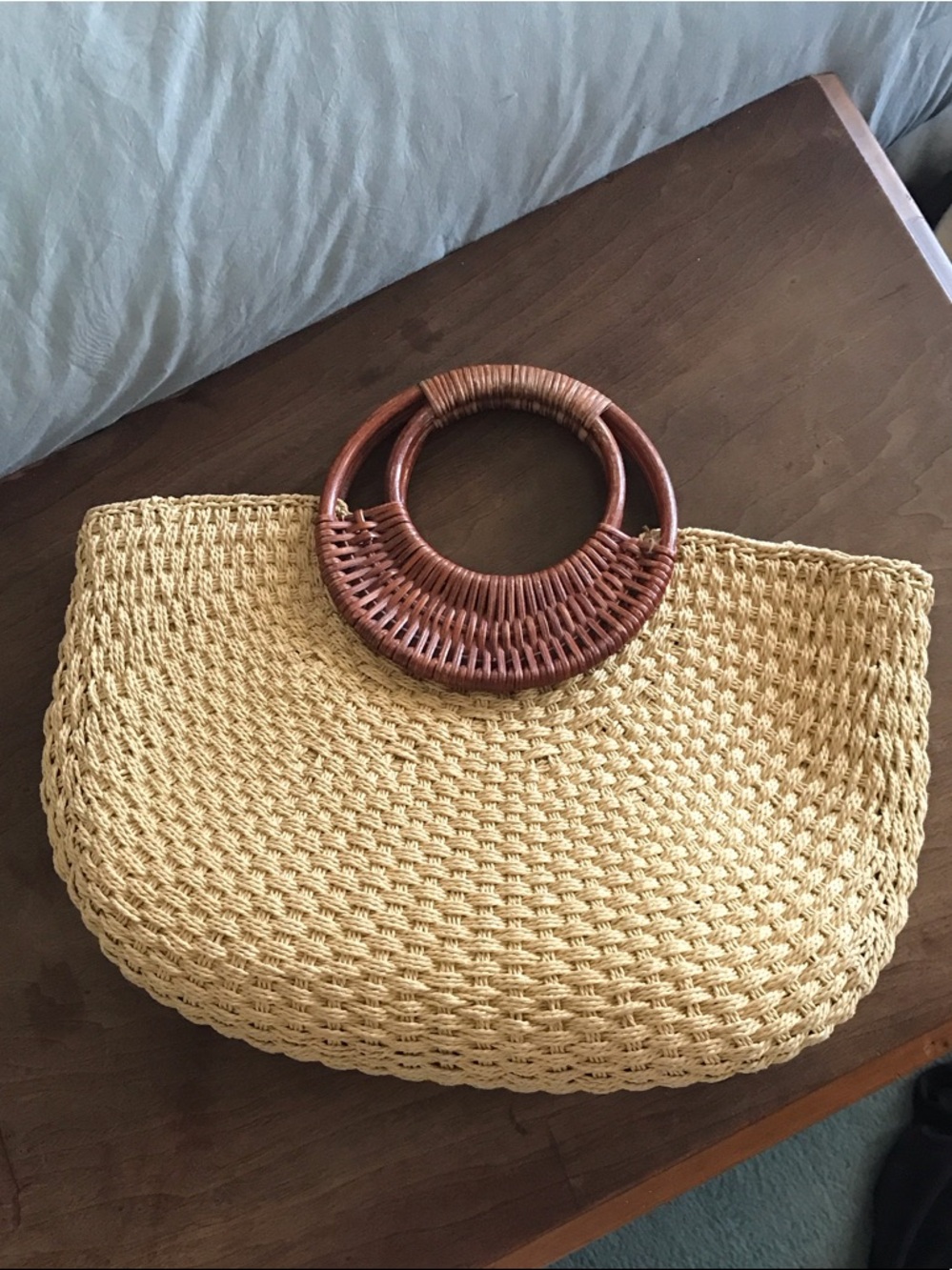 Woven Straw Tote with Wooden Ring Handles - Natural Saks